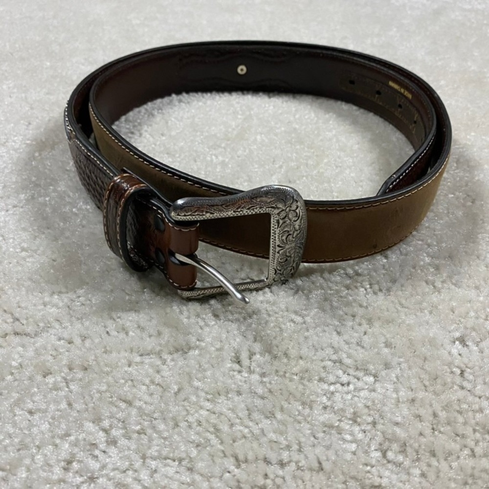 Ariat Belt Mens 46 Brown Leather Western Basketweave Silver Engraved Buckle